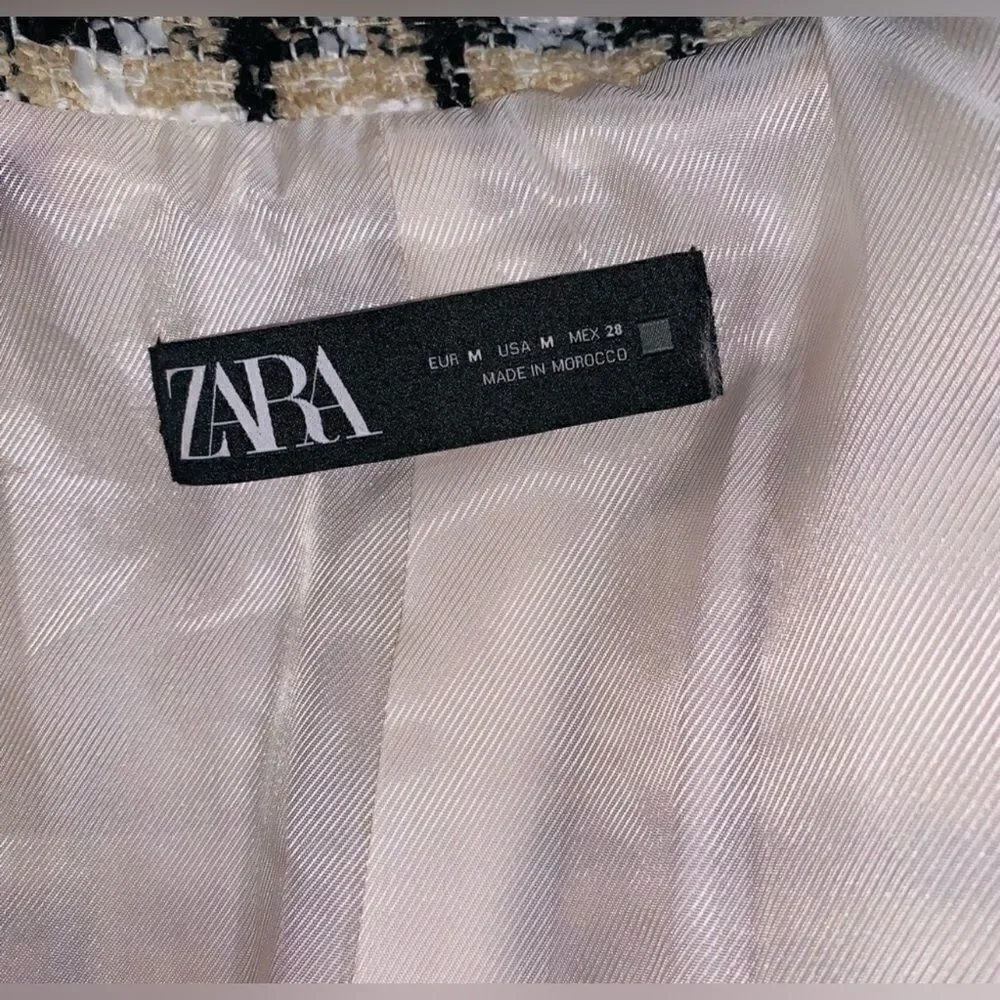 Zara Taupe Brown Textured Plaid Longline Blazer - Size M, Chic Lapel Collar!